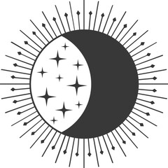 Crescent moon on starry sky in circle with sun rays © Tartila