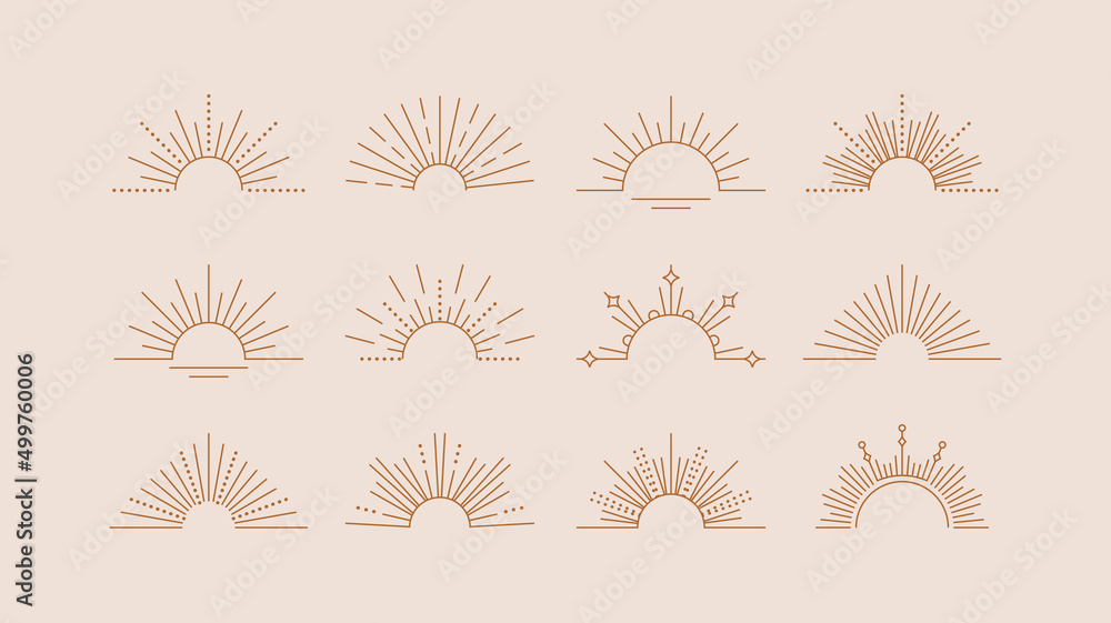 Wall mural sun rays line design elements. vector linear icons in minimal boho style. half circle shapes logos. 