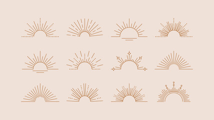 Sun rays line design elements. Vector linear icons in minimal boho style. Half circle shapes logos. Sunset or sunrise symbols set.