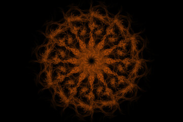 Fire mandala in the form of a circle on a black background, art