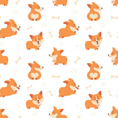 Corgi seamless pattern. Happy welsh corgi puppies and bones. Funny dog characters. Cute vector background.