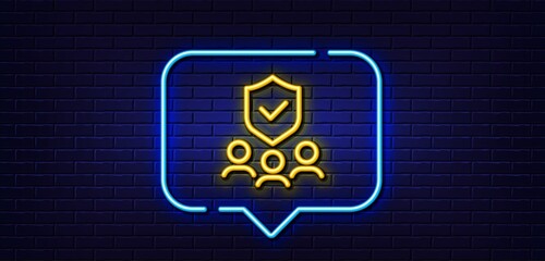 Neon light speech bubble. Security agency line icon. Body guard sign. Private protection symbol. Neon light background. Security agency glow line. Brick wall banner. Vector