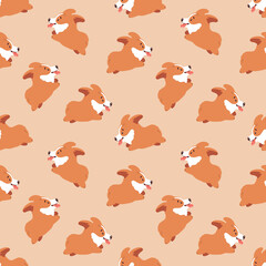 Corgi seamless pattern. Cute and happy running welsh corgi puppies. Funny dog character. Stylish vector background.
