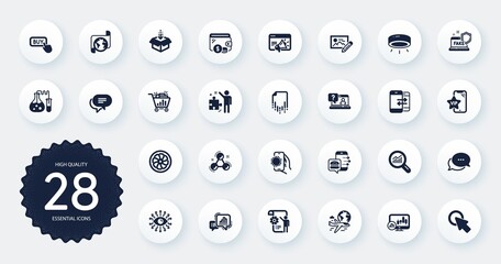 Set of Technology icons, such as Text message, Covid app and Graph chart flat icons. Seo marketing, Get box, Food order web elements. International flight, Seo shopping, Recovery file signs. Vector
