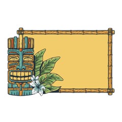 Tiki background with tiki mask, tropical frame and exotic leaves for summer hawaii surfing or beach bar © Casoalfonso