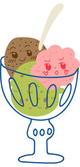 Kawaii Ice Cream Ball in Glass Bowl with Spoon Vector Illustration