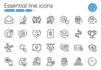 Restaurant app, Conversation messages and 24h service line icons. Collection of Vip internet, Shields, Secure mail icons. Share idea, Freezing click, Person idea web elements. Report. Vector