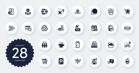 Set of Business icons, such as Hdd, Target and Group people flat icons. Smartphone sms, Refrigerator, Bike delivery web elements. Shopping cart, People insurance, Sale tag signs. Vector