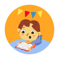 Little boy read book. Everyday affairs. Education and rest. Cute cartoon character. Vector illustration for posters, children book design.