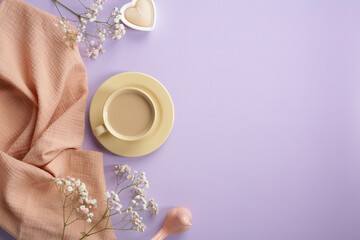 Fototapeta na wymiar Flat lay morning coffee cup, heart shaped candle, beige scarf, decor and spring flowers on pastel purple background. Love, romantic breakfast concept.