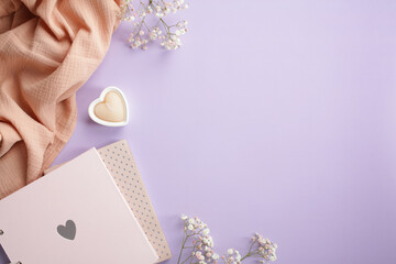 Minimal elegant feminine desk table with pink photo album, notebook, beige plaid, heart shaped...