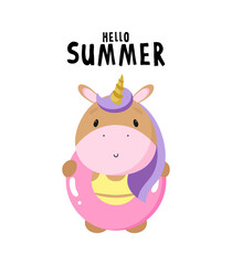 Cute Unicorn with Rubber Swimming Ring. Vector illustration in cartoon style.