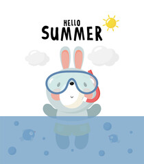 Cute Rabbit with Swimming Mask. Cartoon style. Vector illustration. For card, posters, banners, books, printing on the pack, printing on clothes, fabric, wallpaper, textile or dishes.