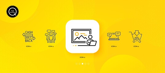 Fototapeta na wymiar Internet chat, Shopping and Cashback card minimal line icons. Yellow abstract background. Photo studio, Voting campaign icons. For web, application, printing. Vector