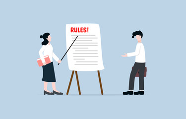 Remind rules and regulations for employees to follow, company policy, discipline procedure, controlling people in organization concept. HR officer telling rules and regulations for new employee. 