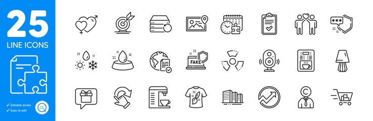 Outline icons set. Shopping cart, Weather and Table lamp icons. Checklist, Chemical hazard, Shield web elements. T-shirt design, Coffee maker, Copyrighter signs. Strategy, Online voting. Vector