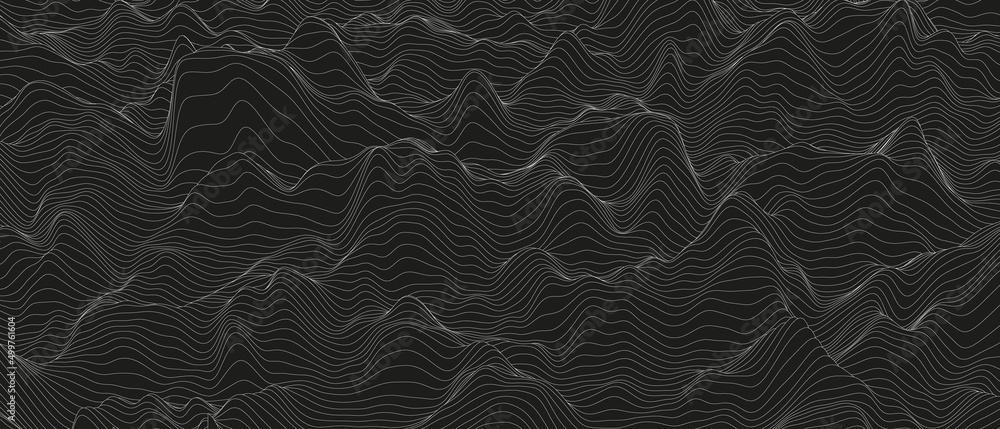 Poster abstract background with distorted line shapes on a black background. monochrome sound line waves.