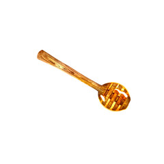 Realistic liquid honey dripping from a wooden dipper. A golden drop of honey, a wooden spoon of sticky syrup. Watercolor
