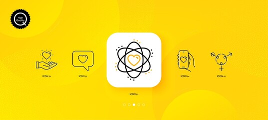 Fototapeta na wymiar Love message, Genders and Hold heart minimal line icons. Yellow abstract background. Dating app, Atom icons. For web, application, printing. Dating service, Inclusion, Love brand. Electron. Vector