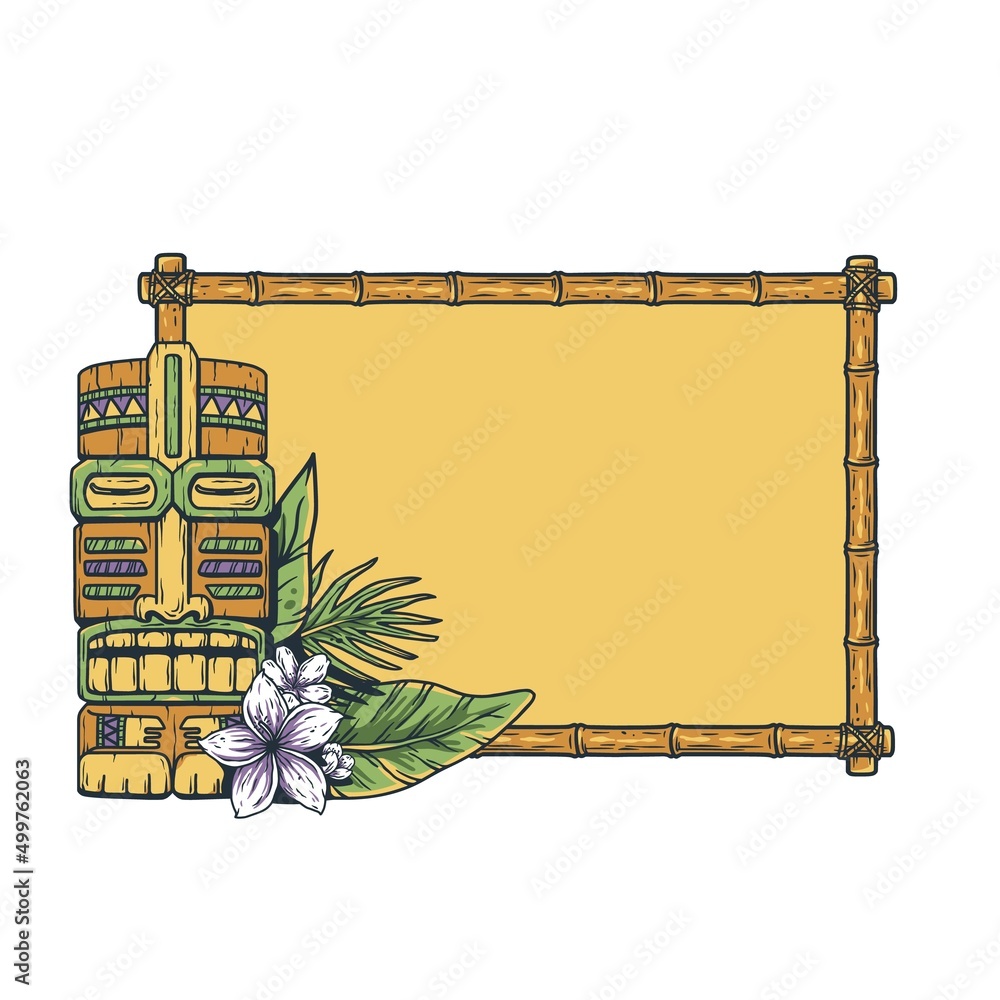 Poster tiki background with tiki mask, tropical frame and exotic leaves for summer hawaii surfing or beach 