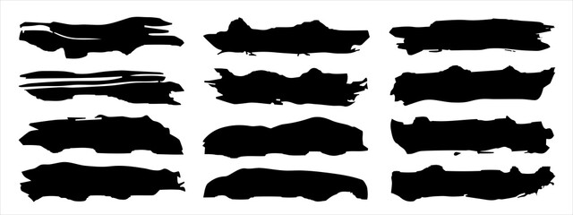 Vector collection of artistic grungy black paint hand made creative brush stroke set isolated on banner background. A group of abstract grunge sketches for design education or graphic art decoration