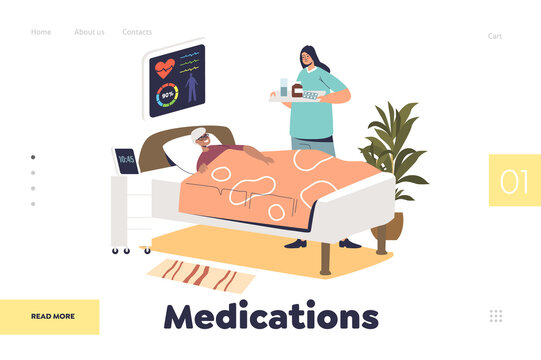 Medications concept of landing page with nurse bringing pills to elder patient woman on hospital bed