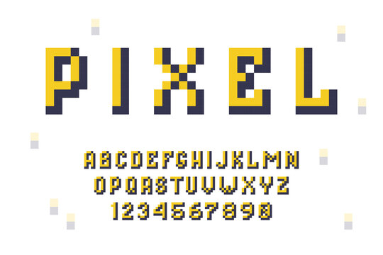 Pixel alphabet font. Retro 8-bit video game typeface design, oldschool typography letters numbers. Vector illustration
