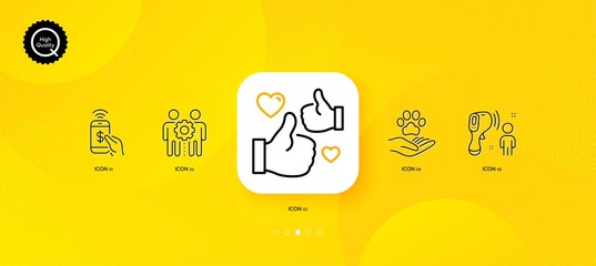 Fototapeta na wymiar Like, Pets care and Phone payment minimal line icons. Yellow abstract background. Electronic thermometer, Employees teamwork icons. For web, application, printing. Vector