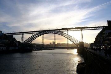 Famous bridge Ponte Dom Luis I in Porto in sunset light, Portugal