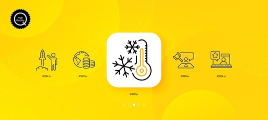 Fototapeta na wymiar Judge hammer, Budget and Launch project minimal line icons. Yellow abstract background. Online rating, Freezing icons. For web, application, printing. Vector