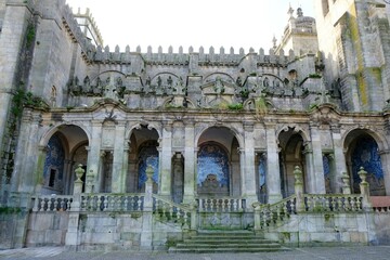 Fototapeta premium Facade of cathedral Se Catedral, also known as Se do Porto in Porto, Portugal. The cathedral is on the UNESCO World Heritage List.