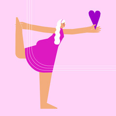 Vector illustration with flat Female young character. Blonde woman does Lord of the Dance Poseand hold heart in hand. Concept is about donations or for Saint Valentines cards