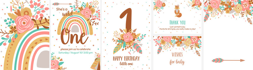 Boho birthday. Baby boho first birthday card template set. Pink tribal floral rainbow collection banners. Vector illustration. - 499763006