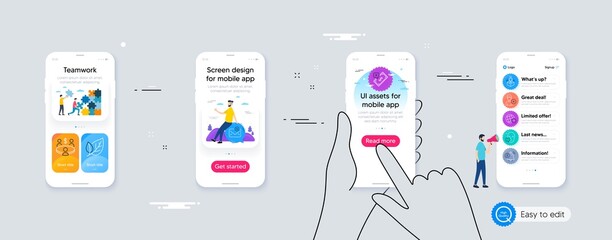 Set of Face attention, Meeting and Leaf line icons. Phone ui interface. Include Time zone, Rejected payment, Add person icons. New mail, Augmented reality, User notification web elements. Vector