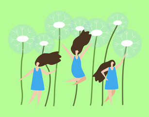 Three young woman in different poses and fluffy dandelions on a green background. Hand drawn vector illustration. Concept for holidays and congratulations.