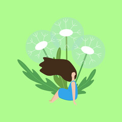 Young woman in blue dress sits, fluffy dandelions, green background. Hand drawn vector illustration.