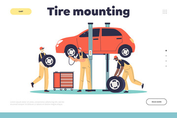 Tire mounting concept of landing page with auto mechanic service center staff changing tyre