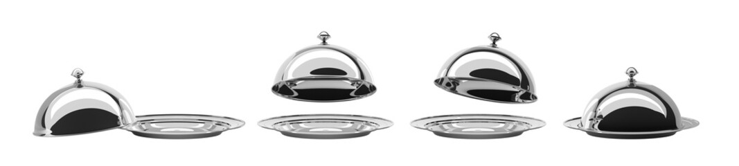 Obraz premium Silver tray with closed and open cloche in different angle view. Realistic 3d set of empty chrome plates with dome lids for serving hot food in restaurant. Metal dishes isolated on white background