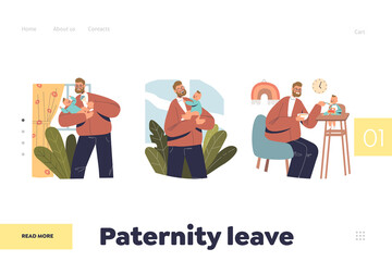 Paternity leave concept of landing page with dad male parent father taking care of newborn kid