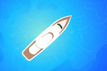 Boat, yacht in the sea top view in cartoon style, cruise transport. Ocean aerial, maritime.