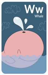 Whale W letter. A-Z Alphabet collection with cute cartoon animals in 2D. Whale swimming in water. Pink whale smiling with closed eyes and releasing a fountain of water. Hand-drawn funny simple style.