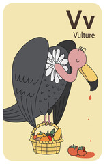 Vulture V letter. A-Z Alphabet collection with cute cartoon animals in 2D. Vulture sitting on fruit basket. A vulture with closed eyes smiling after eating tomatoes. Hand-drawn funny simple style.