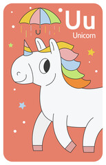 Unicorn U letter. A-Z Alphabet collection with cute cartoon animals in 2D. Unicorn jogging under umbrella. White unicorn with a multicolored mane looking at the camera. Hand-drawn funny simple style.