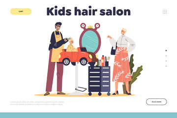 Kid hair salon concept of landing page with barber cutting hair of baby girl sit in toy car chair