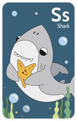 Shark S letter. A-Z Alphabet collection with cute cartoon animals in 2D. Grey shark swimming among seaweeds and holding a starfish in flippers. Hand-drawn funny simple style.