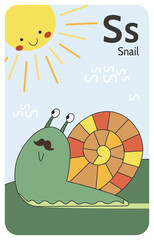 Snail S letter. A-Z Alphabet collection with cute cartoon animals in 2D. Snail crawling hastily under the sun. Green snail with colorful shell and mustache is smiling. Hand-drawn funny simple style.