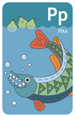 Pike P letter. A-Z Alphabet collection with cute cartoon animals in 2D. Pike swimming in the water and looking at floating pears. Green fish showing its sharp teeth. Hand-drawn funny simple style.