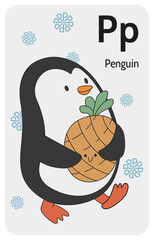 Penguin P letter. A-Z Alphabet collection with cute cartoon animals in 2D. Penguin going aside and carrying present pineapple. Penguin wants to give a gift to someone. Hand-drawn funny simple style.