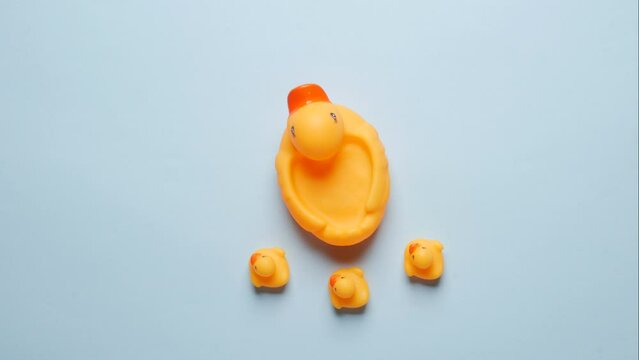 Stop motion video of mother rubber duck with ducklings on blue background