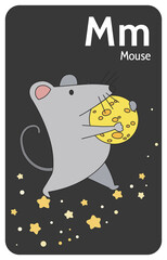 Mouse M letter. A-Z Alphabet collection with cute cartoon animals in 2D. Mouse going aside on Milky Way and carrying cheese in shape of Moon. Hand-drawn funny simple style.